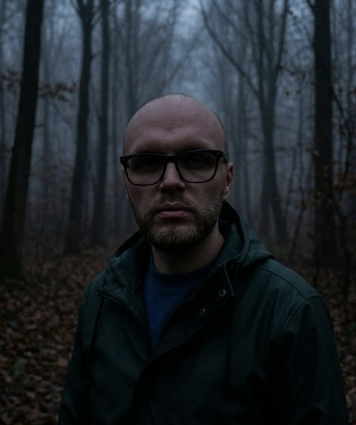 Ein Mann steht in einem düsteren Wald und blickt in die Kamera. 